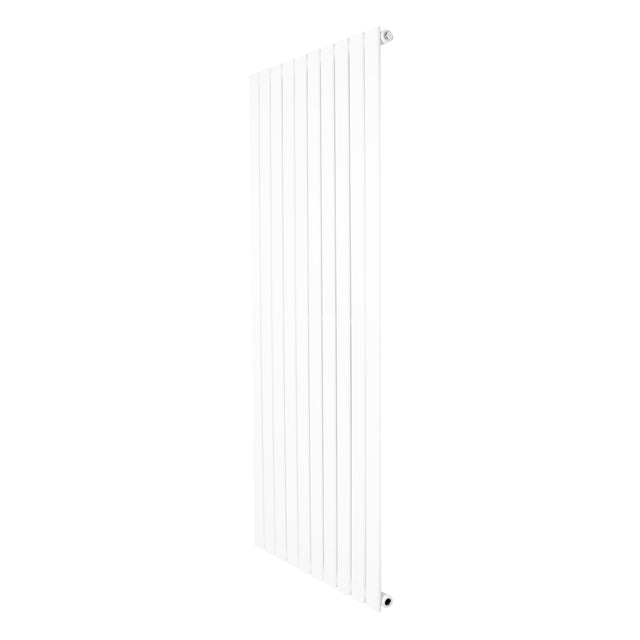 Sleek white flat single column radiator, measuring 1600 x 700mm, featuring vertical lines and a smooth, modern finish