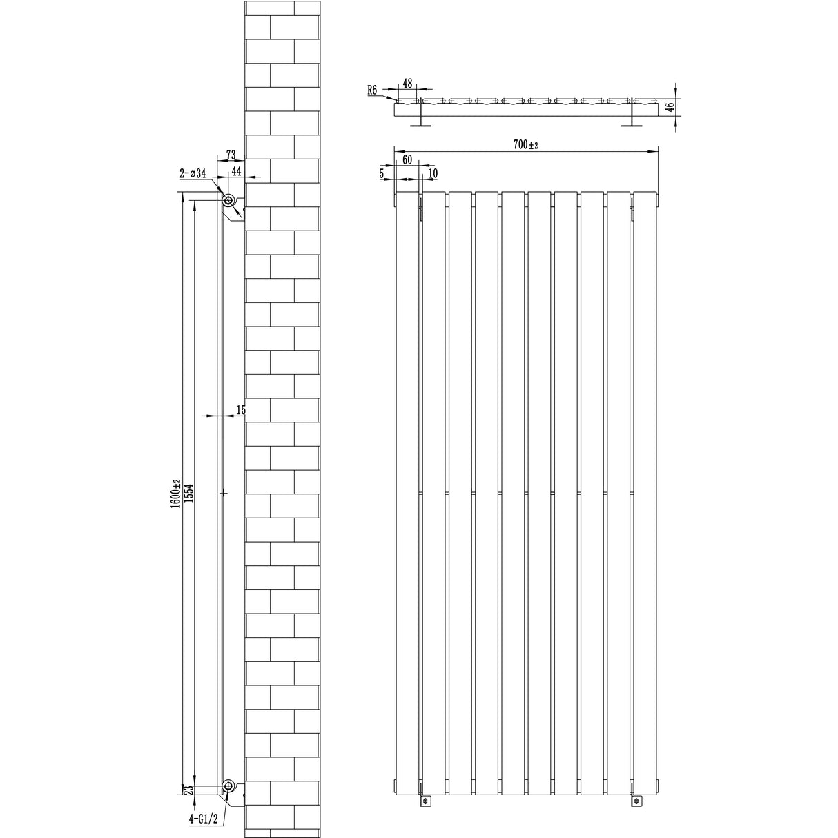Flat Single Column Radiator - 1600 x 700mm - Black