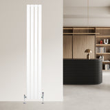 Sleek white flat single column radiator, 1800 x 280mm, mounted on a light wall, complementing modern interior design with chrome fittings