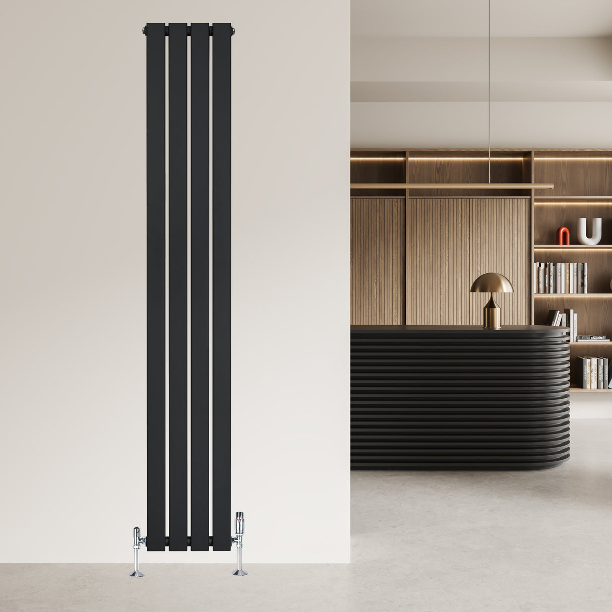 Sleek black flat single column radiator, 1800 x 280mm, mounted on a light wall, complementing modern interior design with clean lines