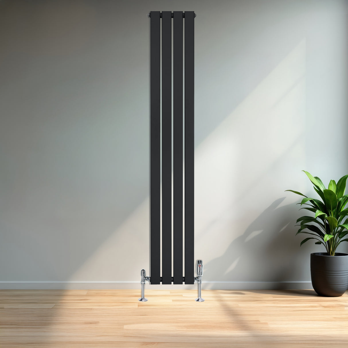 Sleek black flat single column radiator, 1800 x 280mm, with vertical stripes and chrome fittings, enhancing modern interior decor