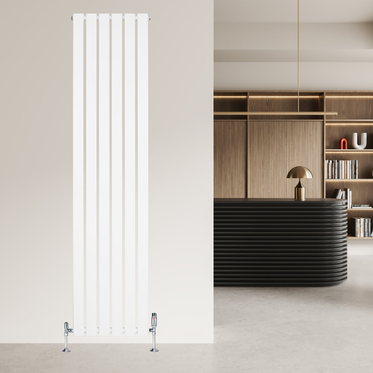 Sleek white flat single column radiator, 1800 x 420mm, featuring vertical lines and modern design, mounted on a light wall