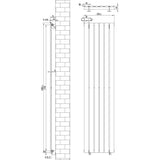 Sleek black flat single column radiator, measuring 1800 x 420mm, featuring a modern design with vertical bars and precise dimensions