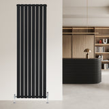 Sleek black flat single column radiator, 1800 x 560mm, featuring vertical lines and a modern design, mounted against a neutral wall