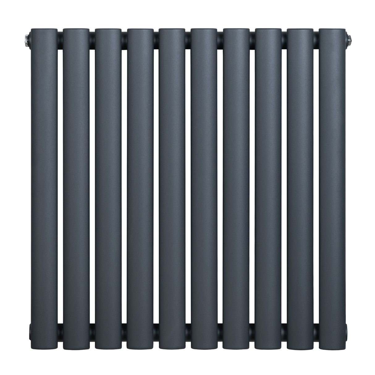 Anthracite grey oval single column radiator, 600 x 600mm, featuring a sleek, modern design with smooth, rounded edges and a matte finish