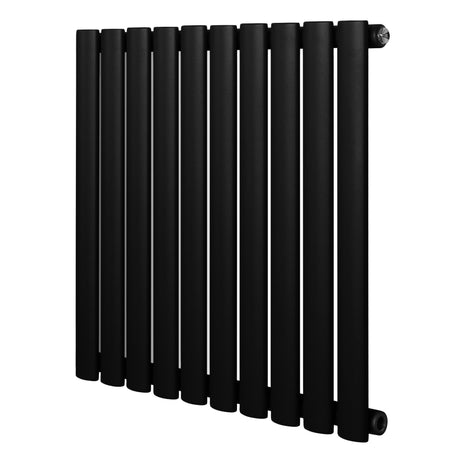 Sleek black oval single column radiator with a modern design, featuring smooth, rounded edges and a matte finish, measuring 600 x 600mm