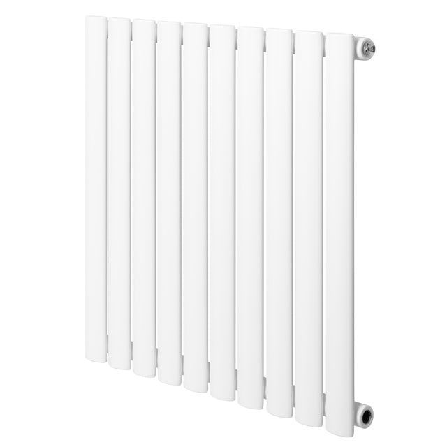 Sleek white oval single column radiator with a smooth finish, measuring 600 x 600mm, designed for efficient heating and modern decor