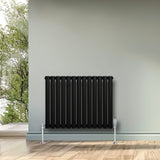 Sleek black oval single column radiator, 600 x 780mm, mounted on a light gray wall, complementing a modern interior design