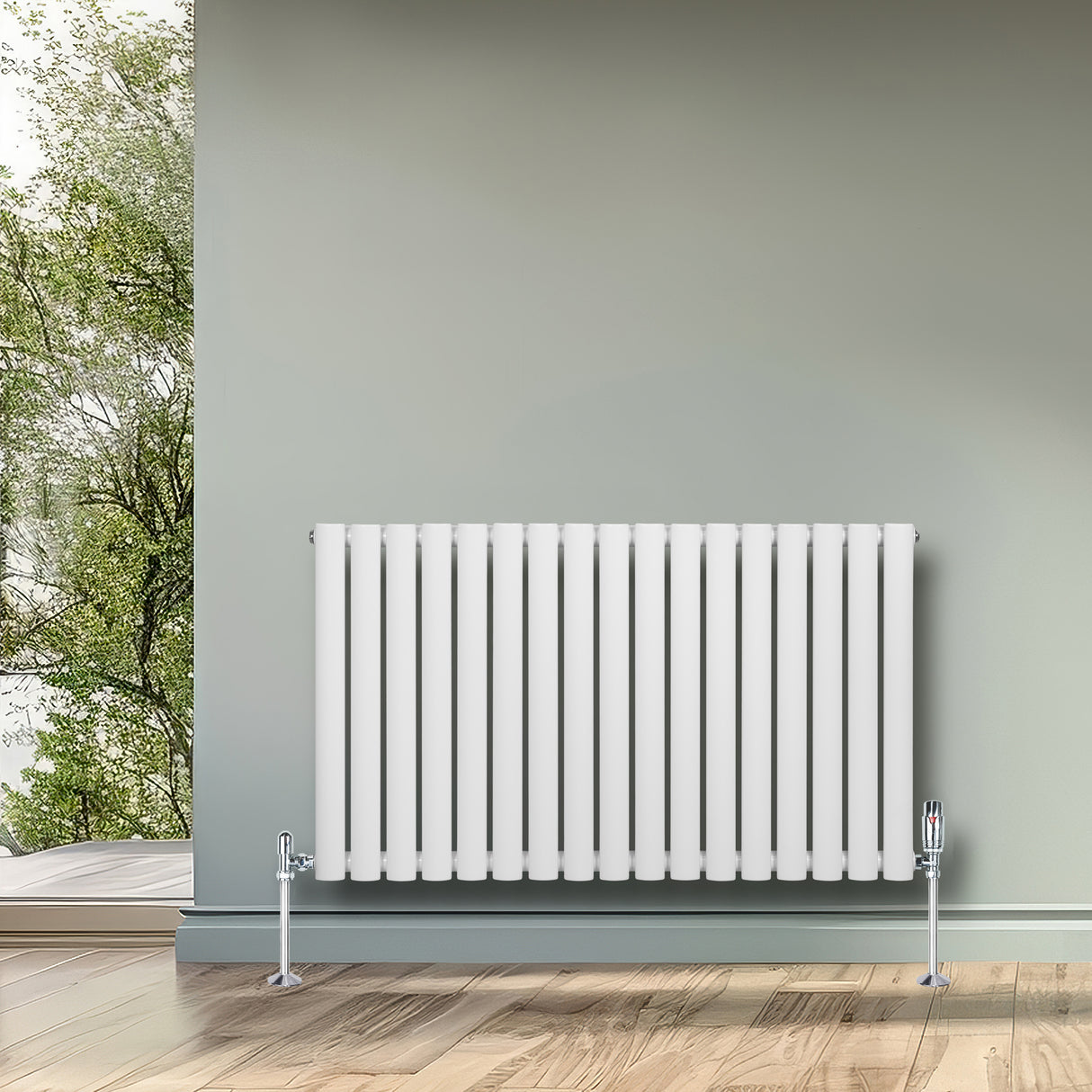 Sleek white oval single column radiator, 600 x 1020mm, mounted on a light wooden floor against a soft green wall, enhancing modern decor