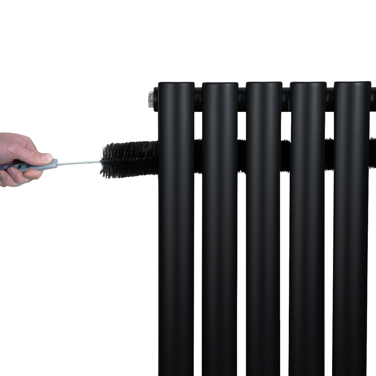 Sleek black oval single column radiator with smooth matte finish, showcasing a hand using a brush for maintenance and cleaning