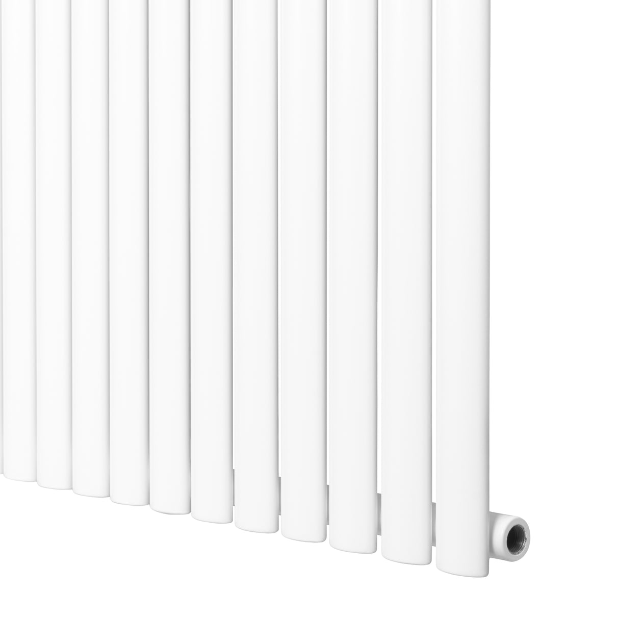 Sleek white oval single column radiator, 600 x 1200mm, featuring smooth, glossy finish and vertical slats for modern heating solutions