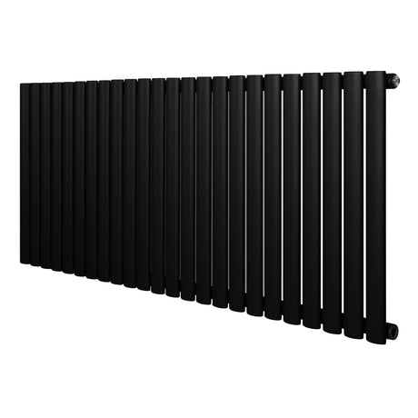 Sleek black oval single column radiator, 600 x 1440mm, featuring smooth, matte finish and elongated vertical bars for modern decor