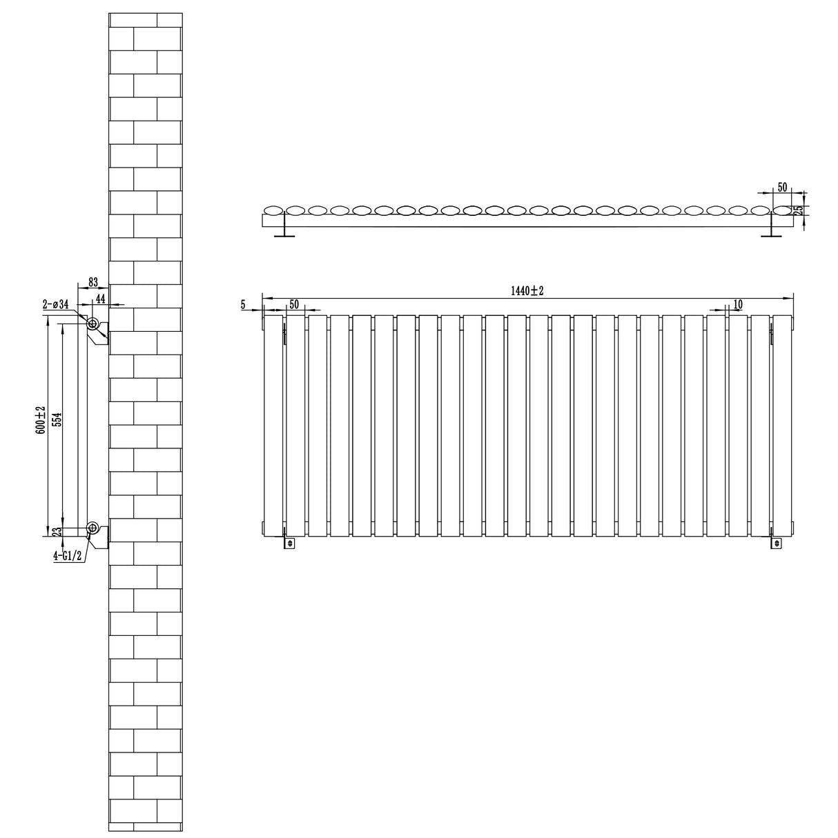 Sleek black oval single column radiator, measuring 600 x 1440mm, featuring a modern design with smooth lines and even spacing