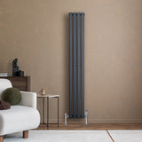 Sleek anthracite grey oval single column radiator, 1600 x 240mm, mounted on a textured beige wall, complementing modern decor