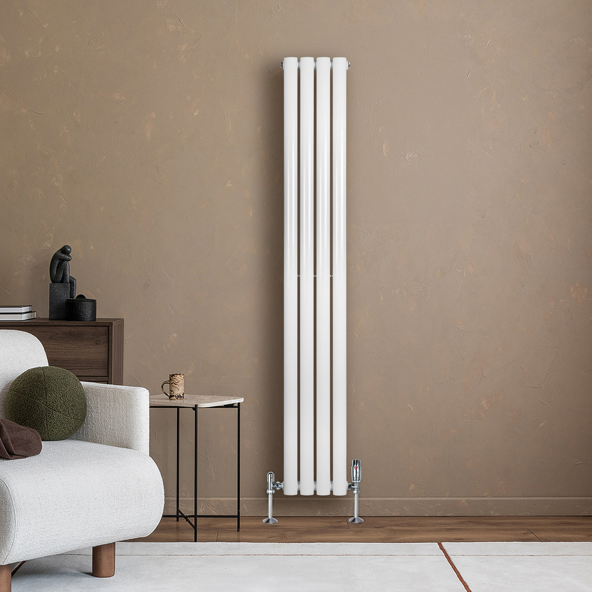 Sleek white oval single column radiator standing against a textured beige wall, enhancing modern interior decor with its elegant design