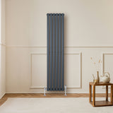Sleek anthracite grey oval single column radiator mounted on a wall, complemented by a wooden table and soft rug in a cozy room setting