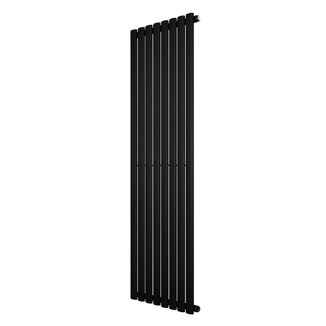 Sleek black oval single column radiator, 1600 x 480mm, featuring a modern design with smooth, vertical lines and a matte finish