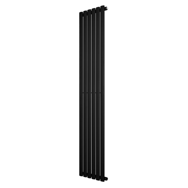 Sleek black oval single column radiator, 1800 x 360mm, featuring a modern design with smooth, vertical lines and a matte finish