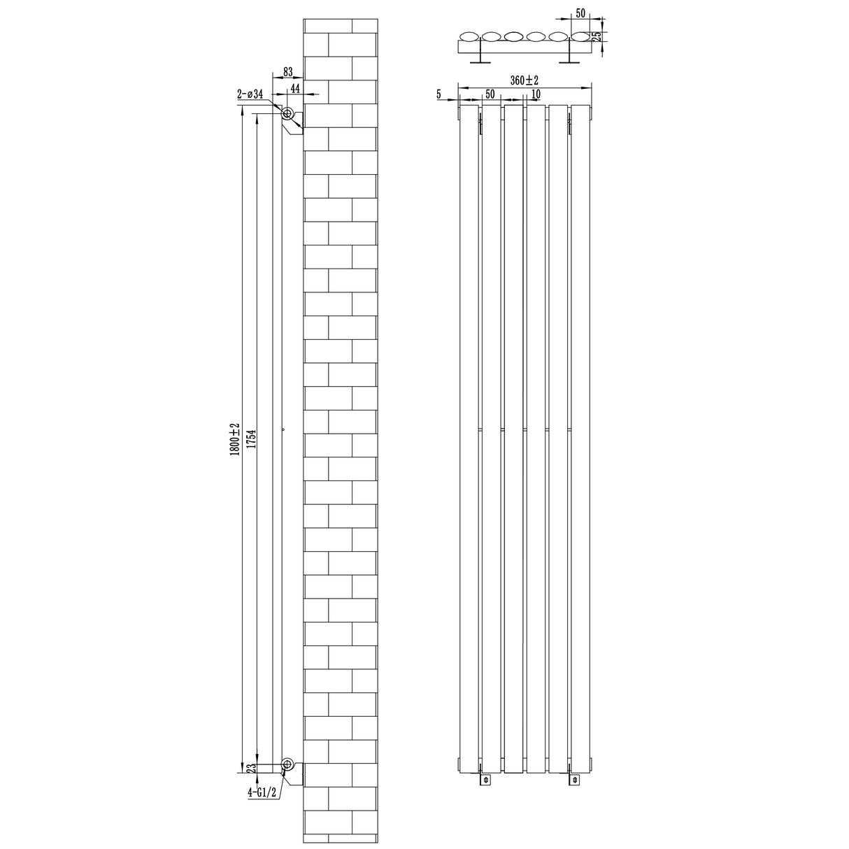 White oval single column radiator measuring 1800 x 360mm, featuring a sleek design with smooth, rounded edges and a minimalist aesthetic