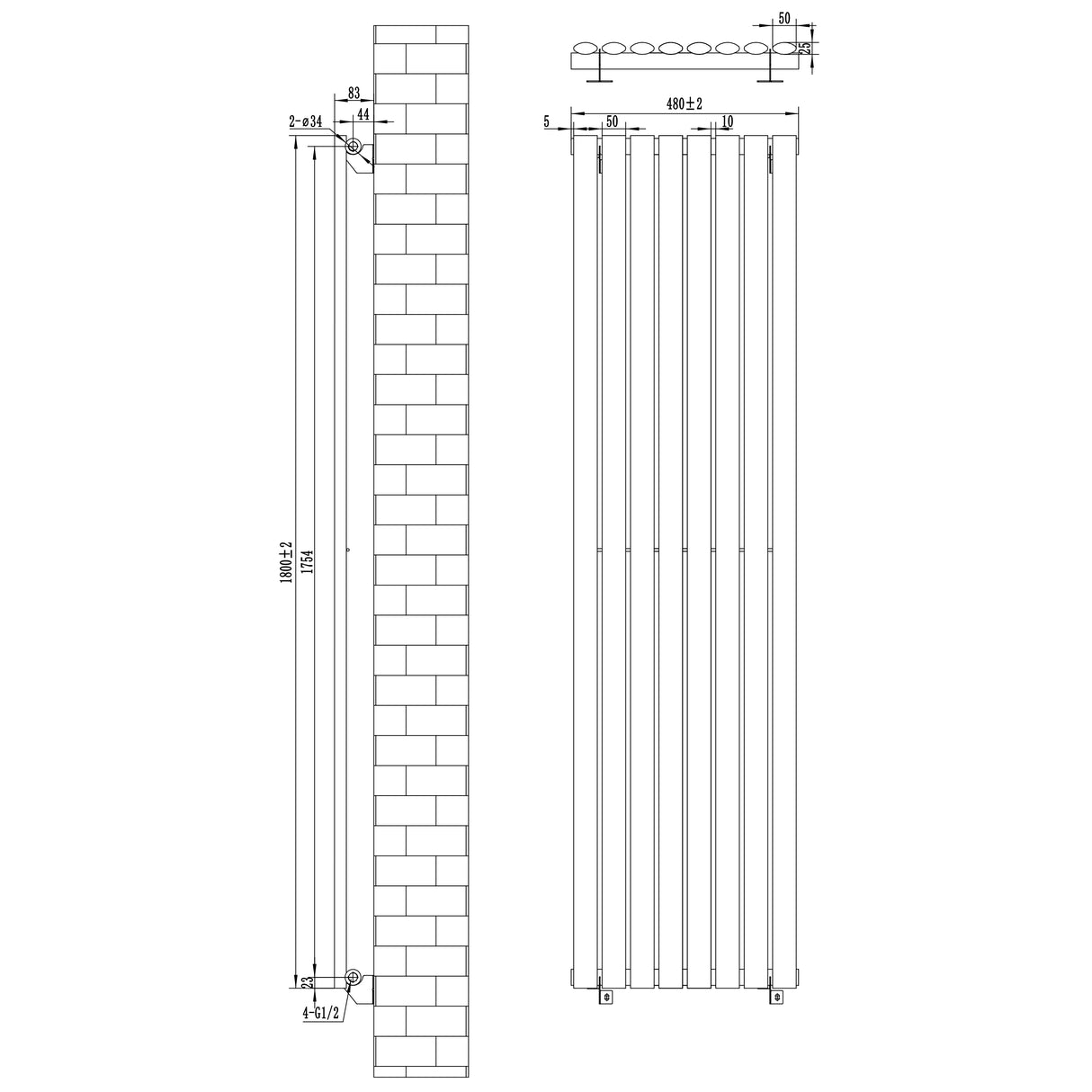 Oval single column radiator in anthracite grey, measuring 1800 x 480mm, featuring sleek lines and a modern design suitable for any space