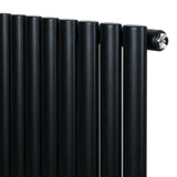 Sleek black oval single column radiator, 1800 x 480mm, featuring smooth, rounded tubes and a polished valve for modern decor