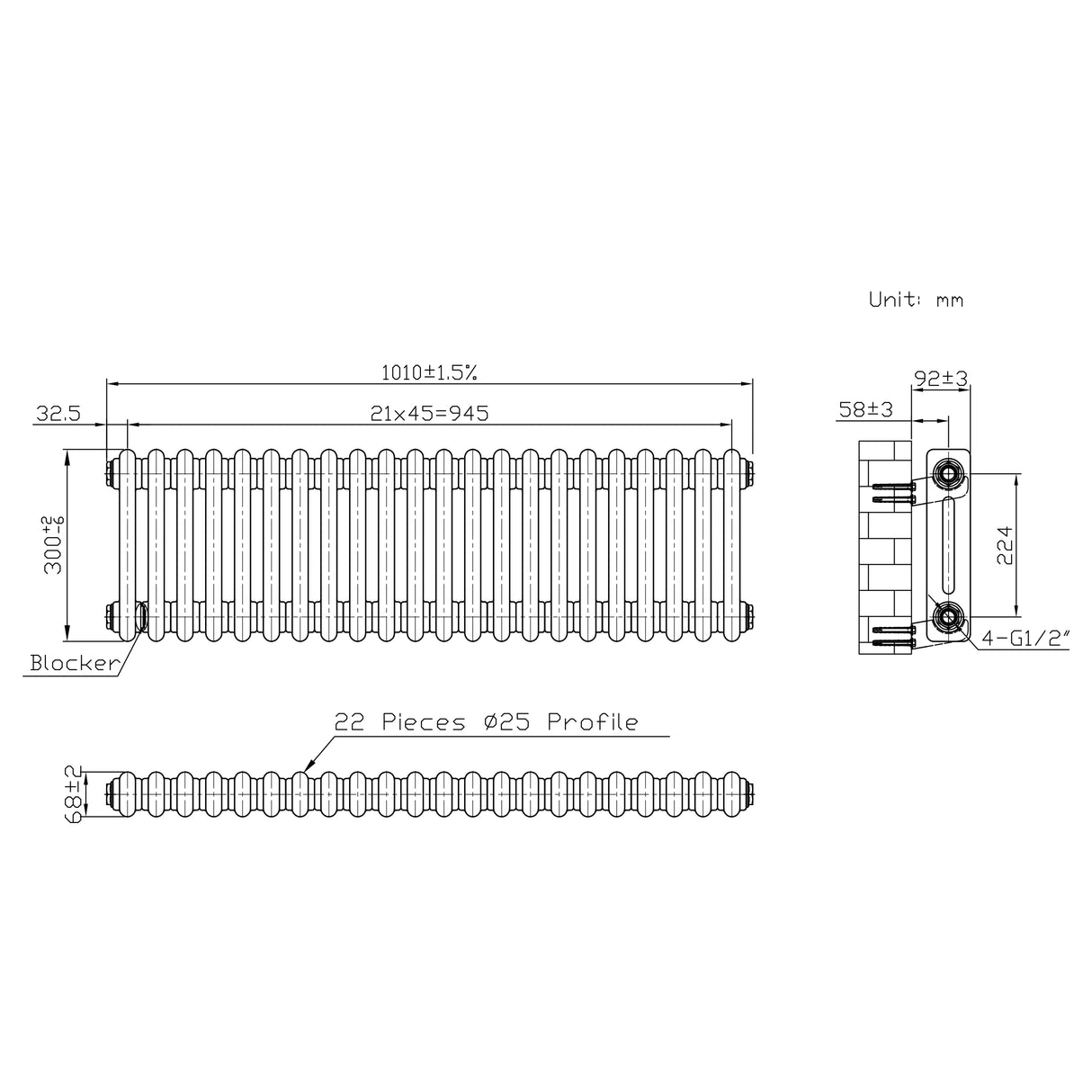 Traditional 2 Column Radiator - 300 x 1010mm - Raw Metal