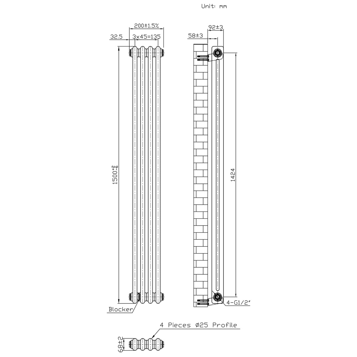 Traditional 2 Column Radiator - 1500 x 200mm - Raw Metal