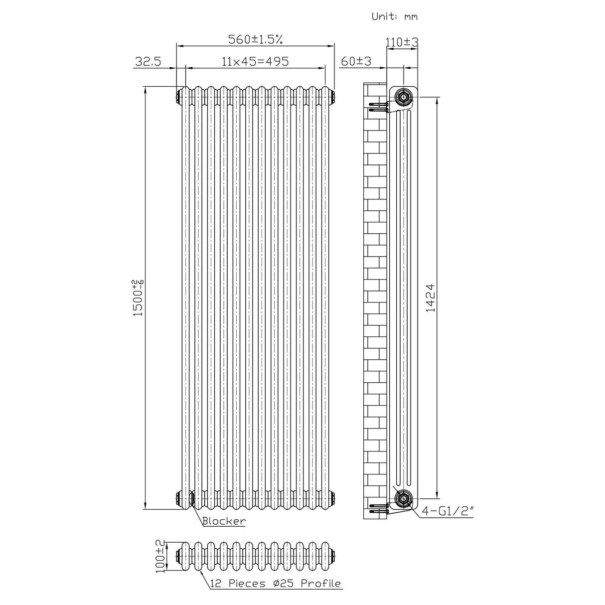 Traditional 3 Column Radiator - 1500 x 560mm - Raw Metal