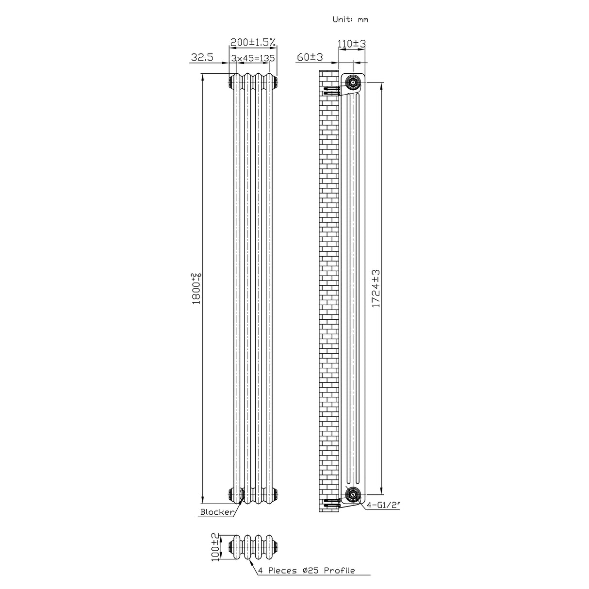 Traditional 3 Column Radiator - 1800 x 200mm - Raw Metal
