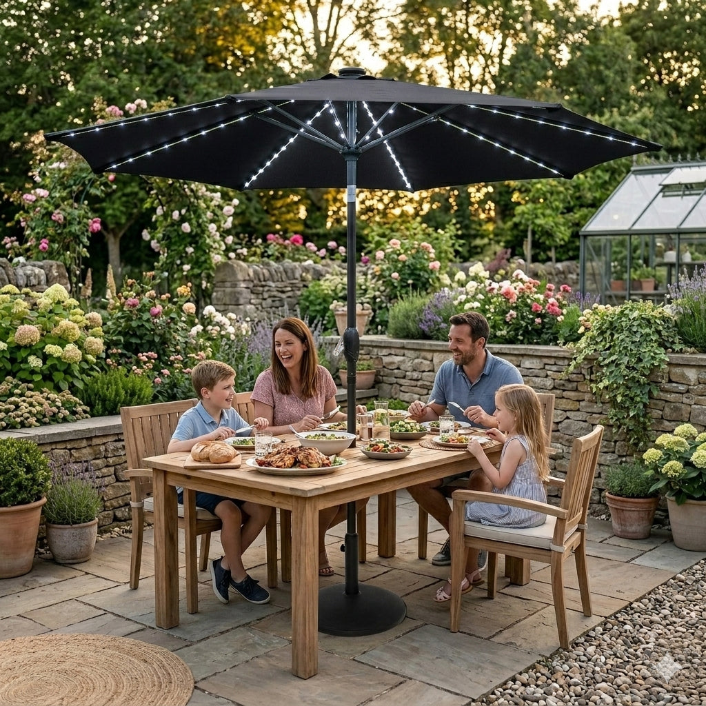 LED Tilt Parasol 2.7m With Tilt Base – Black
