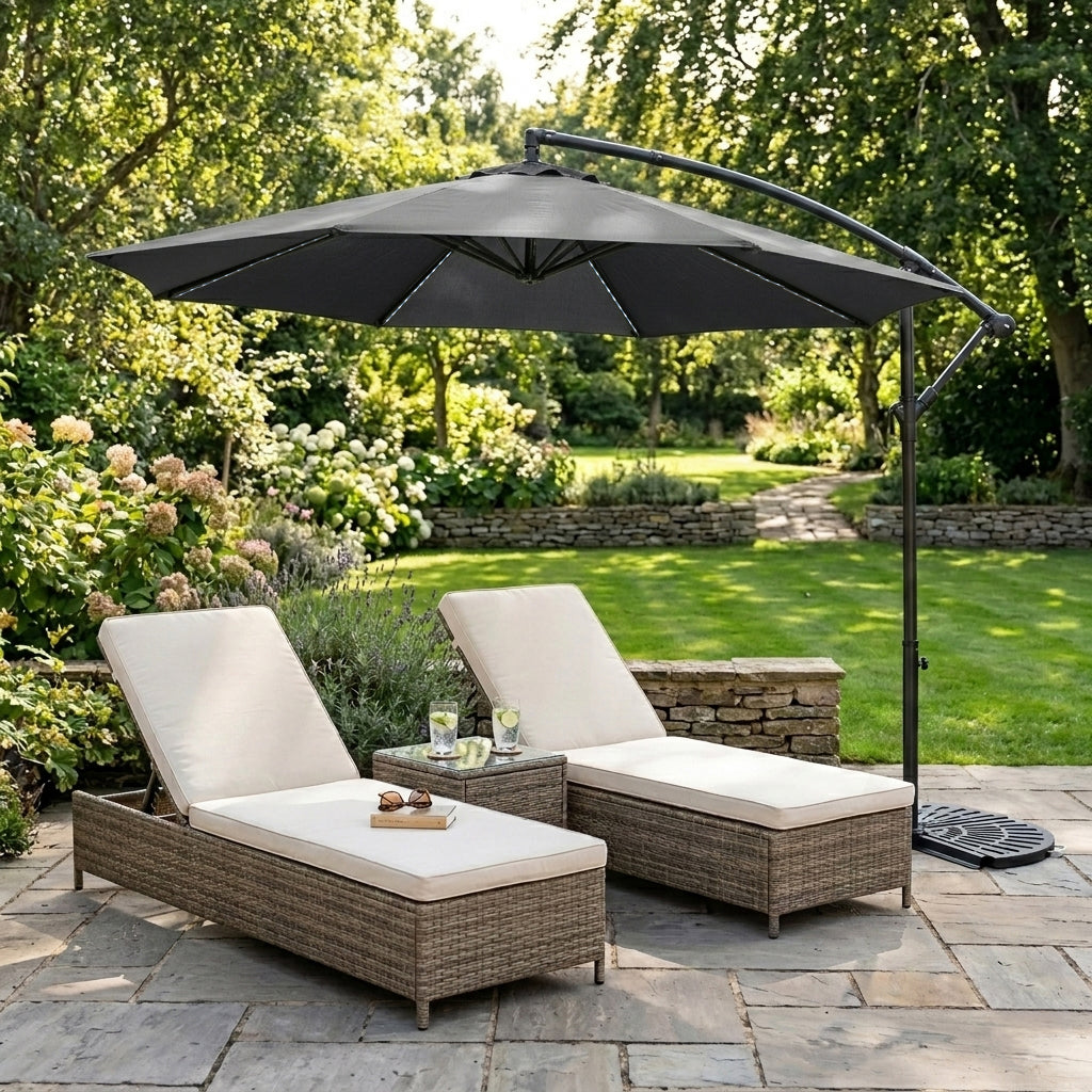 LED Cantilever Parasol 3m With Half Fan Base – Grey