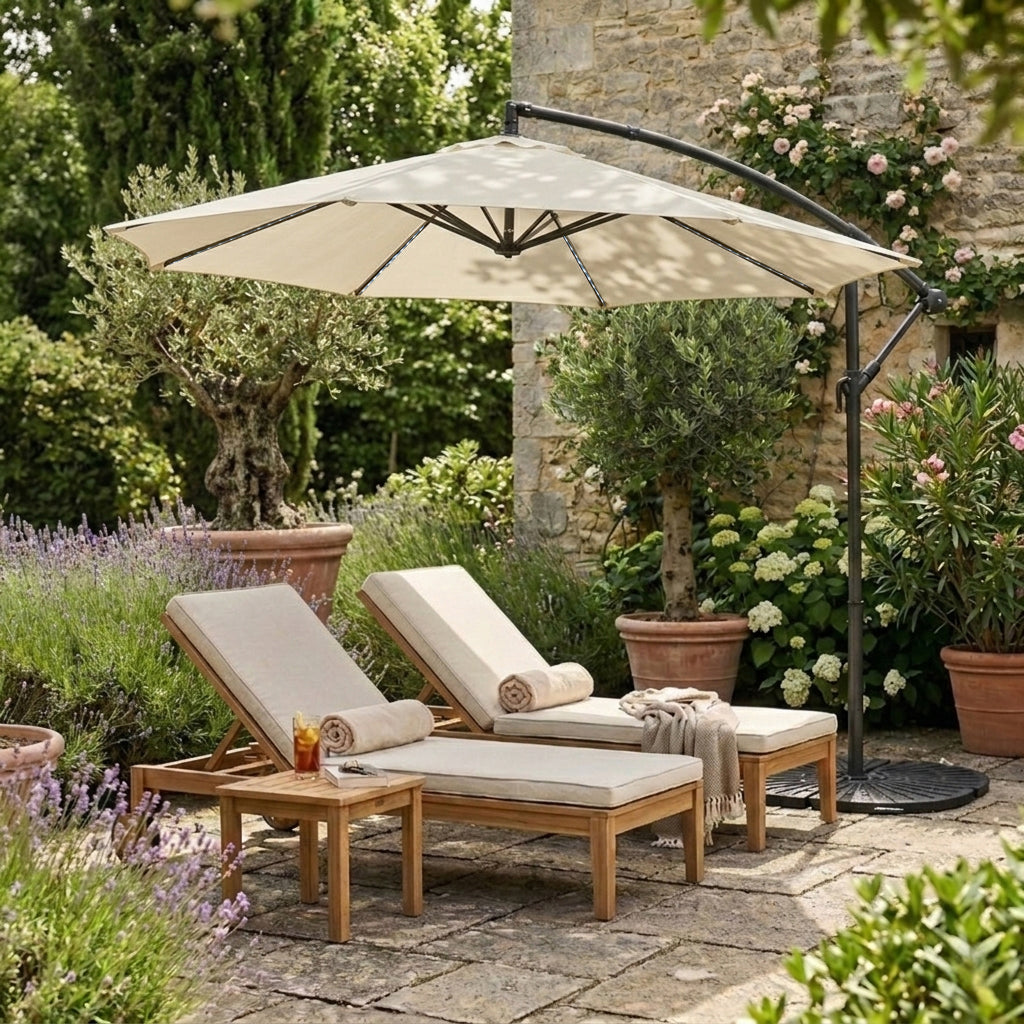 LED Cantilever Parasol 3m With Full Fan Base – Cream
