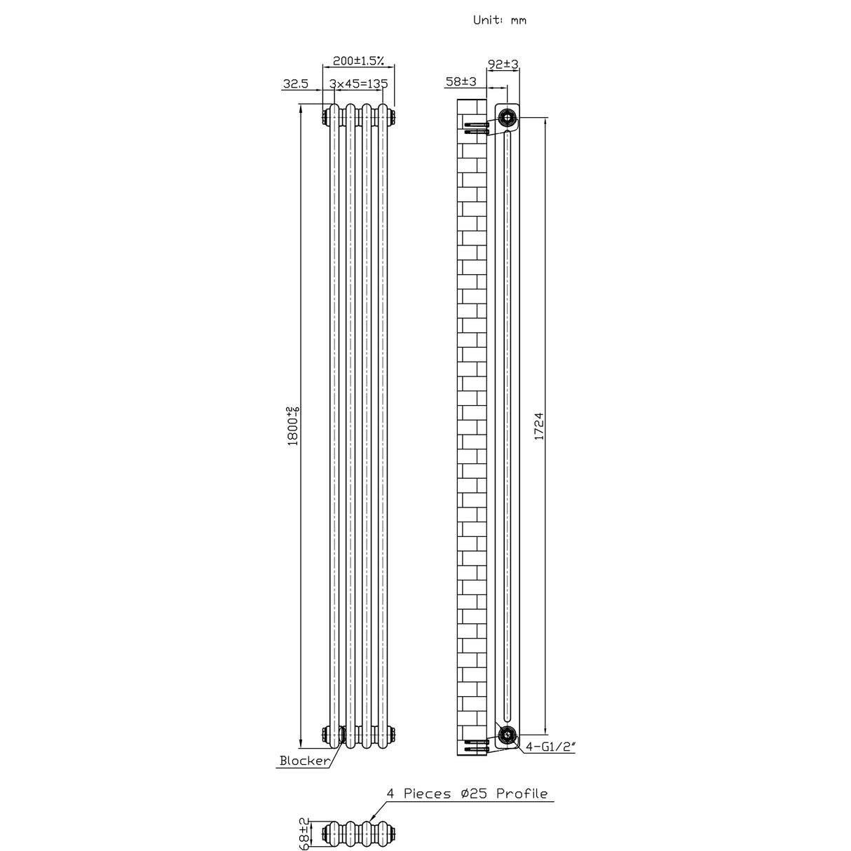Traditional 2 Column Radiator & Valves - 1800 x 200mm - Raw Metal