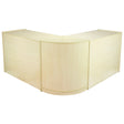 Light maple wood retail display counter with a sleek, curved design, ideal for showcasing products in a store setting