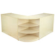 Light maple wood shop counter with a modern design, featuring a curved front and three open shelves for retail display