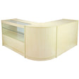 Curved maple display counter with glass shelving, featuring a smooth, light wood finish and modern design for retail environments