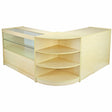 Maple wood retail display set featuring a sleek, modern design with glass shelves and rounded corners for an inviting look
