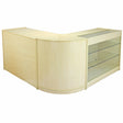 Stylish Saturn Maple shop counter with a sleek, light maple finish, curved edges, and glass display shelves for retail use