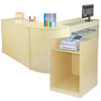 Light wood reception counter set featuring a curved design, integrated display shelves, and a printer stand for organized workspace