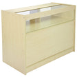 Light maple shop counter with a glass display top, featuring a smooth finish and clean lines, ideal for retail environments