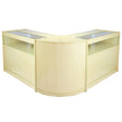Fusion maple shop counter with a sleek, curved design, featuring glass display sections and a light wood finish, ideal for retail settings