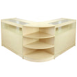 Light maple wood retail display set featuring a corner shop counter with glass display tops and multiple open shelves for merchandise