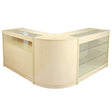 Light maple wood retail display set featuring a curved design, glass shelves, and a sleek finish, ideal for showcasing products