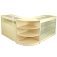 Light maple wood retail display counter with glass shelves, featuring a modern curved design and ample storage space for merchandise