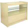 Maple shop counter featuring a sleek design, glass display shelf, and spacious storage drawer, ideal for retail environments