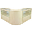Maple display case with a sleek, curved design, featuring glass shelves and a light wood finish, ideal for showcasing products