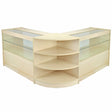 Stylish Orion maple shop counter and retail display set featuring sleek glass shelves and a modern, light wood finish