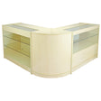 Stylish solar maple shop counter with a modern design, featuring glass display shelves and a smooth, light wood finish