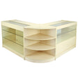 L-shaped Jupiter Maple shop counter with glass display shelves, light wood finish, and smooth surfaces for retail use