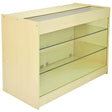 Maple glazed display counter with a sleek design, featuring glass shelves and a smooth wood finish, ideal for showcasing products
